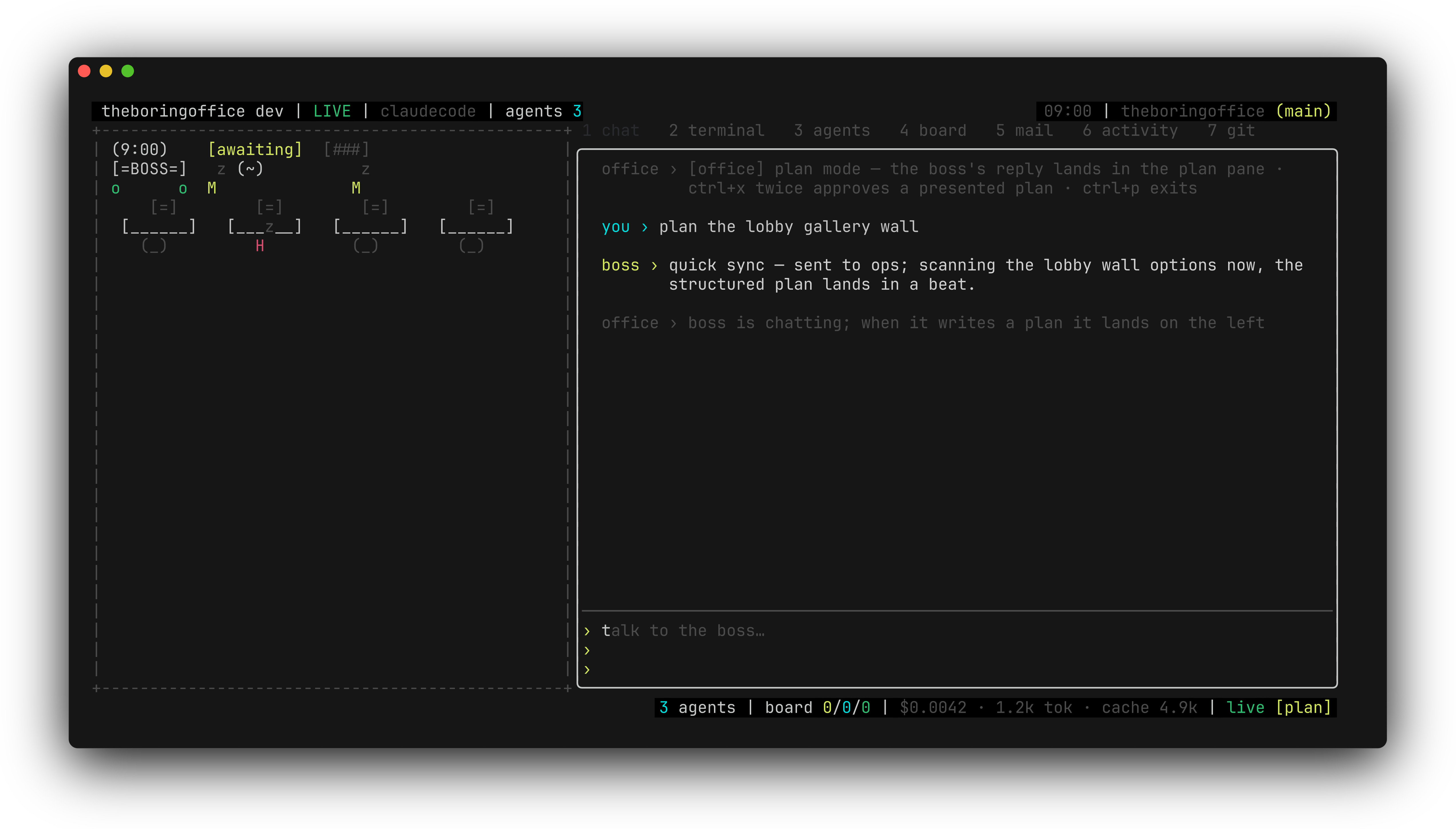 theboringfloor on the claudecode backend: claude CLI child streaming a boss reply
