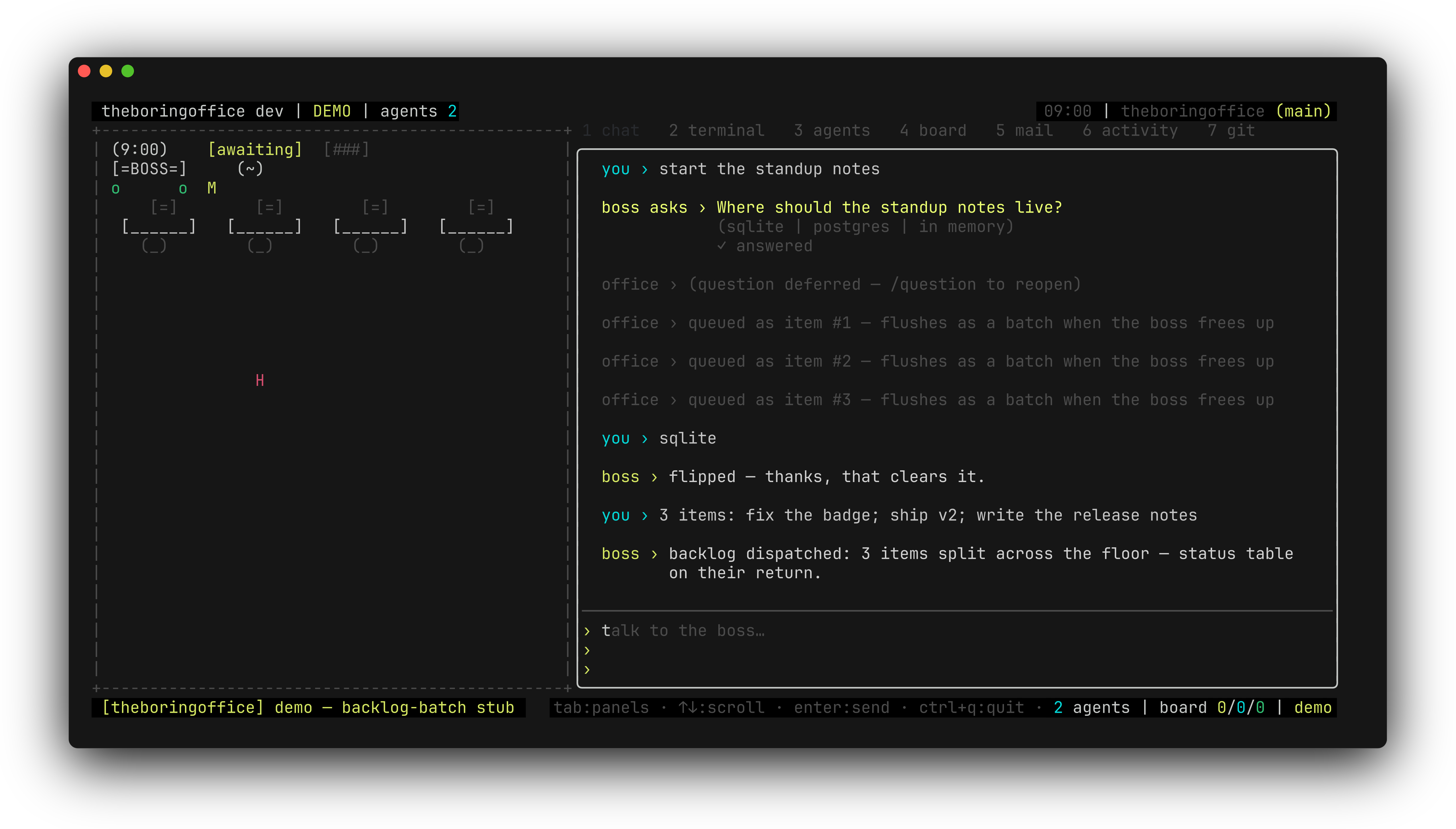 theboringfloor chat tab: three queued prompts flushing out as one [BATCH DISPATCH] message