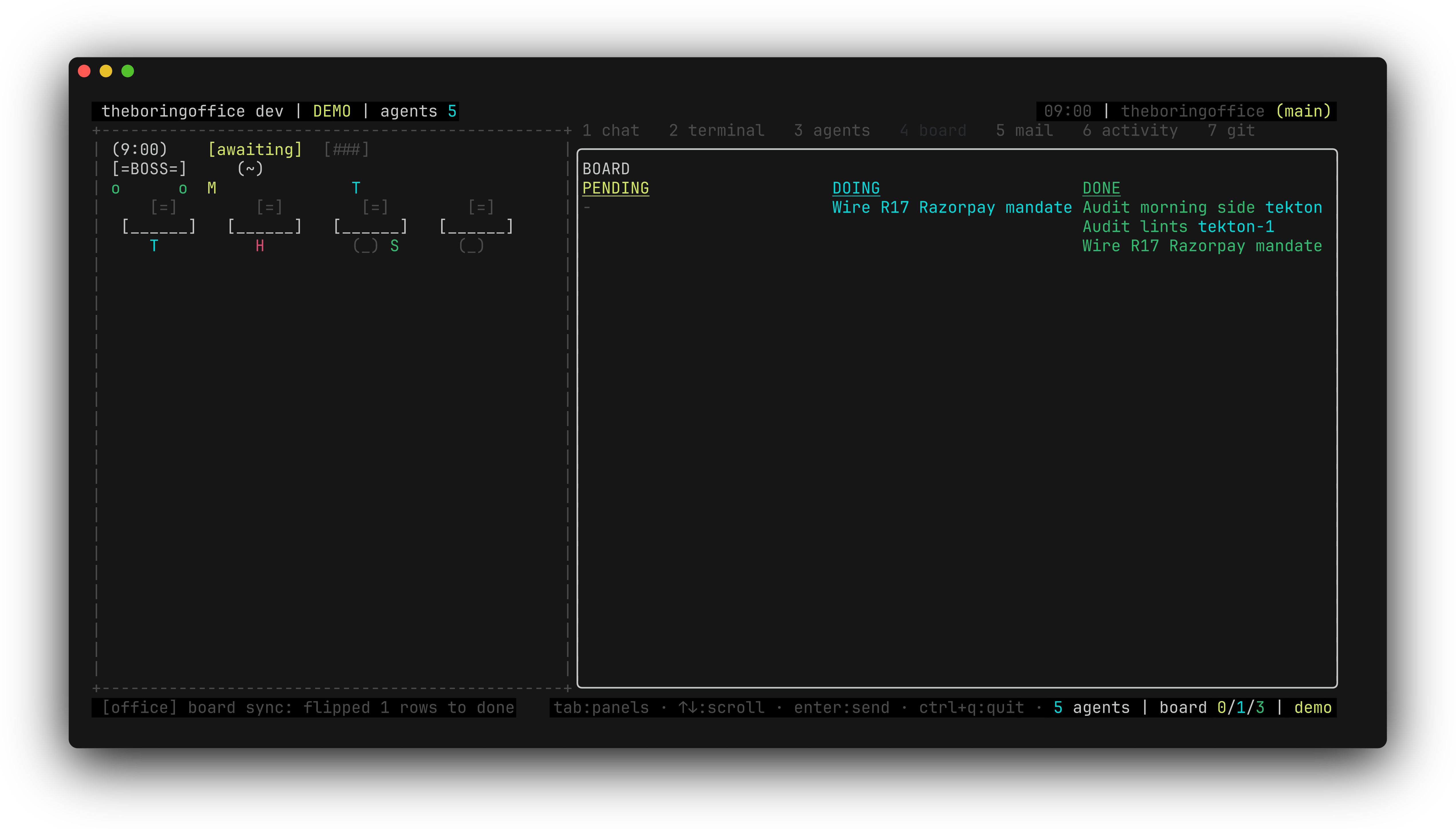 theboringfloor board tab: DOING rows flipping to DONE behind a worker return, with the dim board sync note