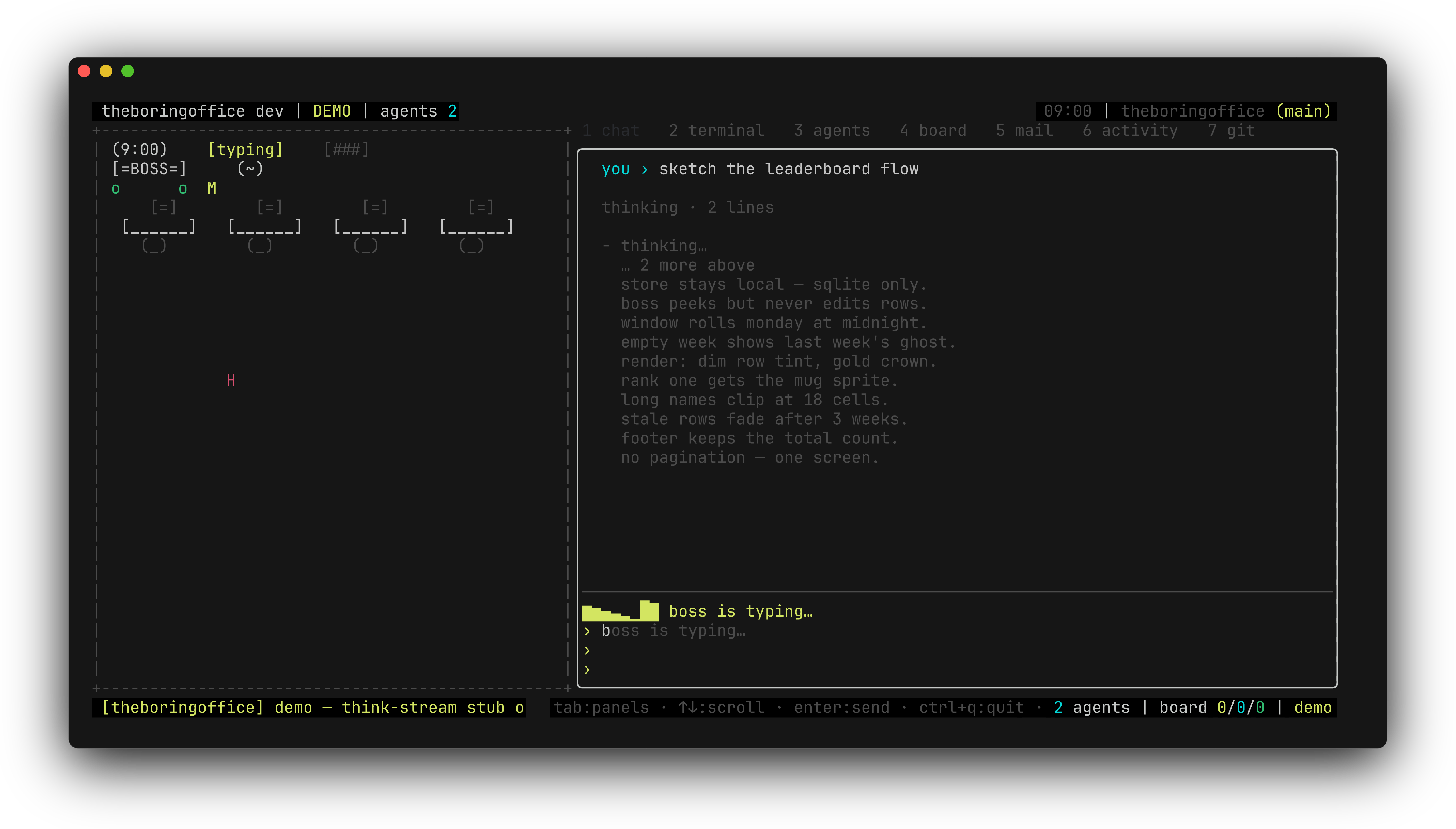 theboringfloor boss chat: a reply streaming in as markdown, an expanded thinking block above it, and tool-call rows between turns