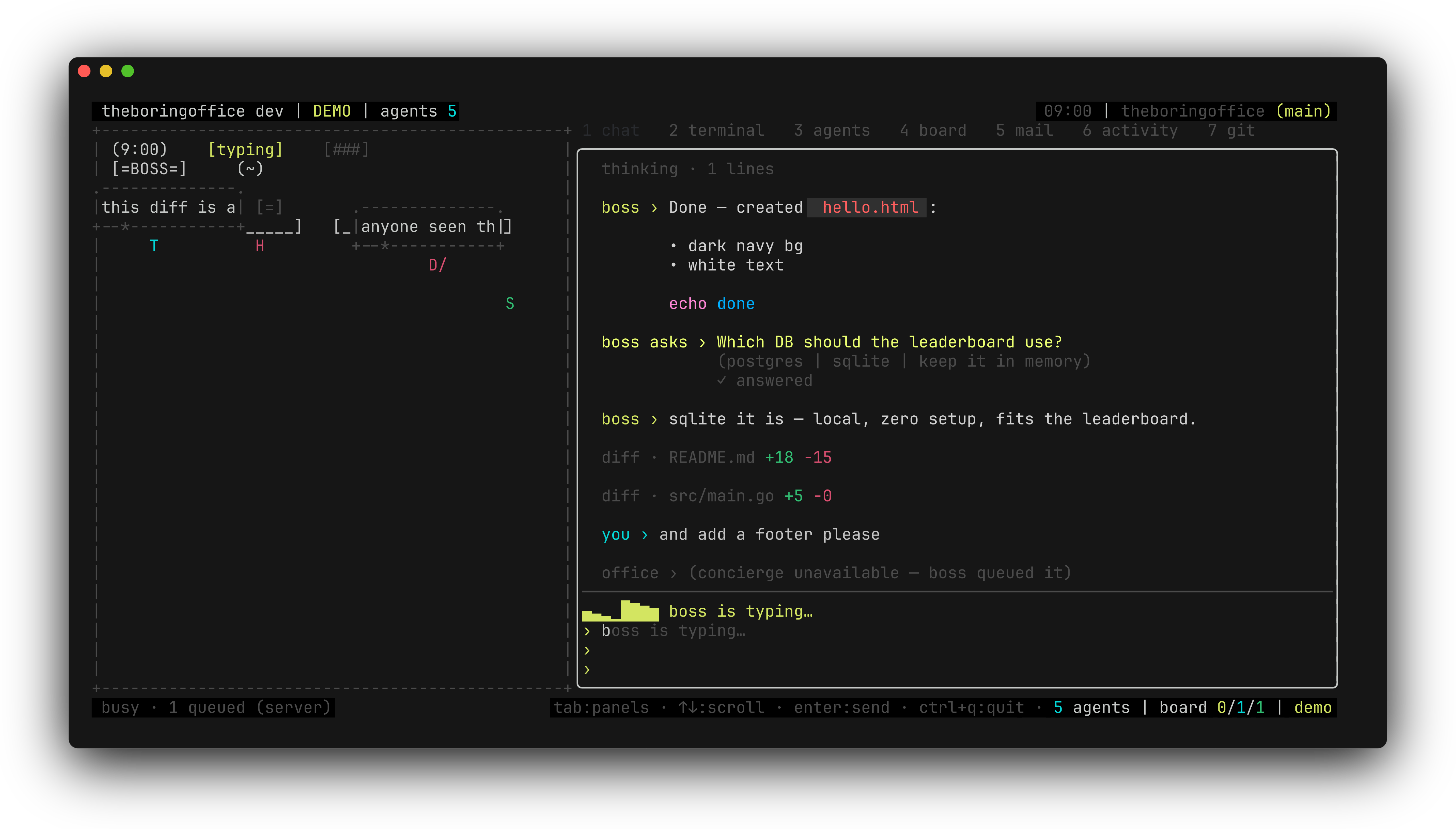 First live run of theboringfloor: chat tab in focus, boss reply streaming