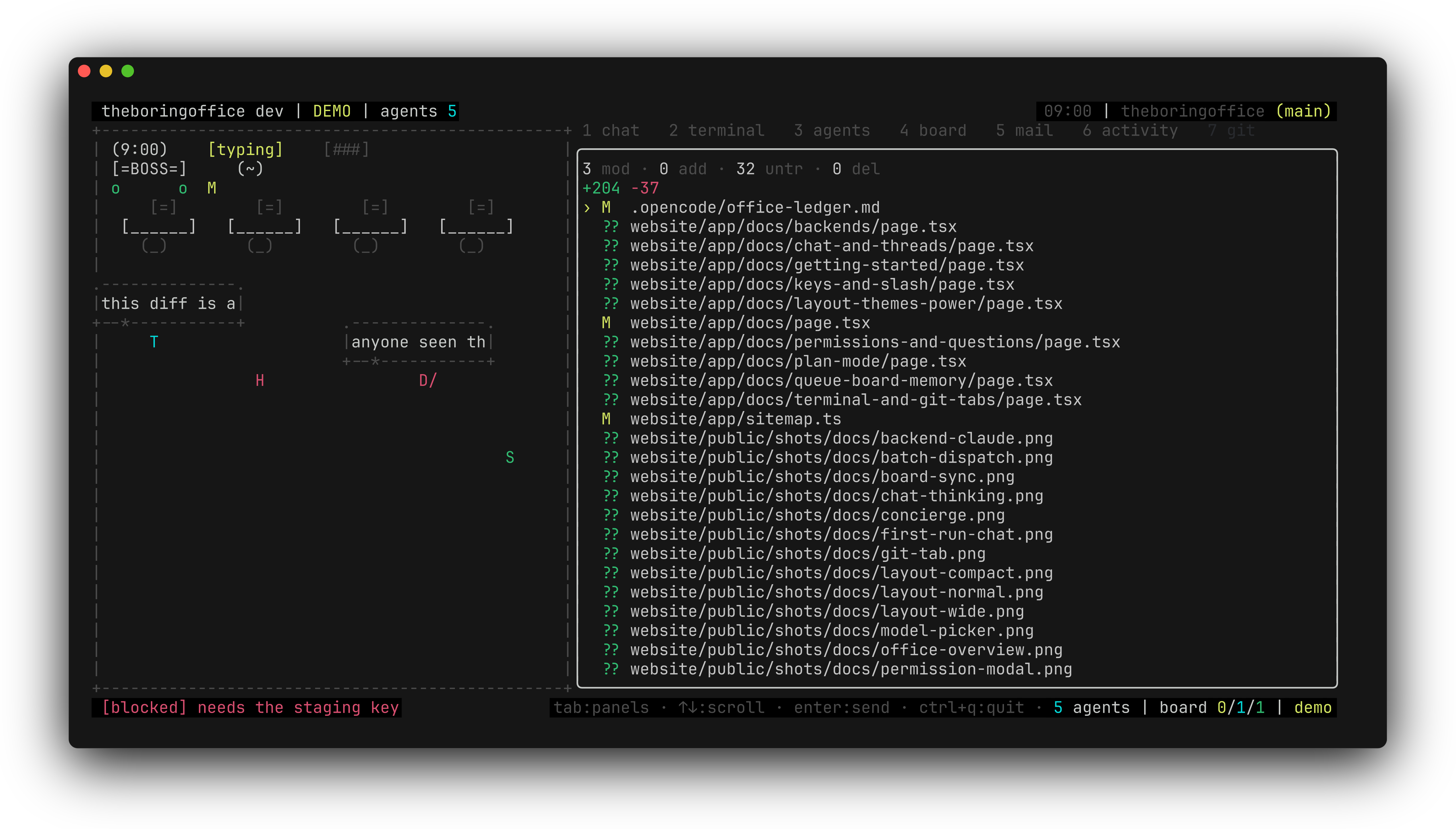 theboringfloor git tab: status counts, file list with status glyphs, and a colored unified diff