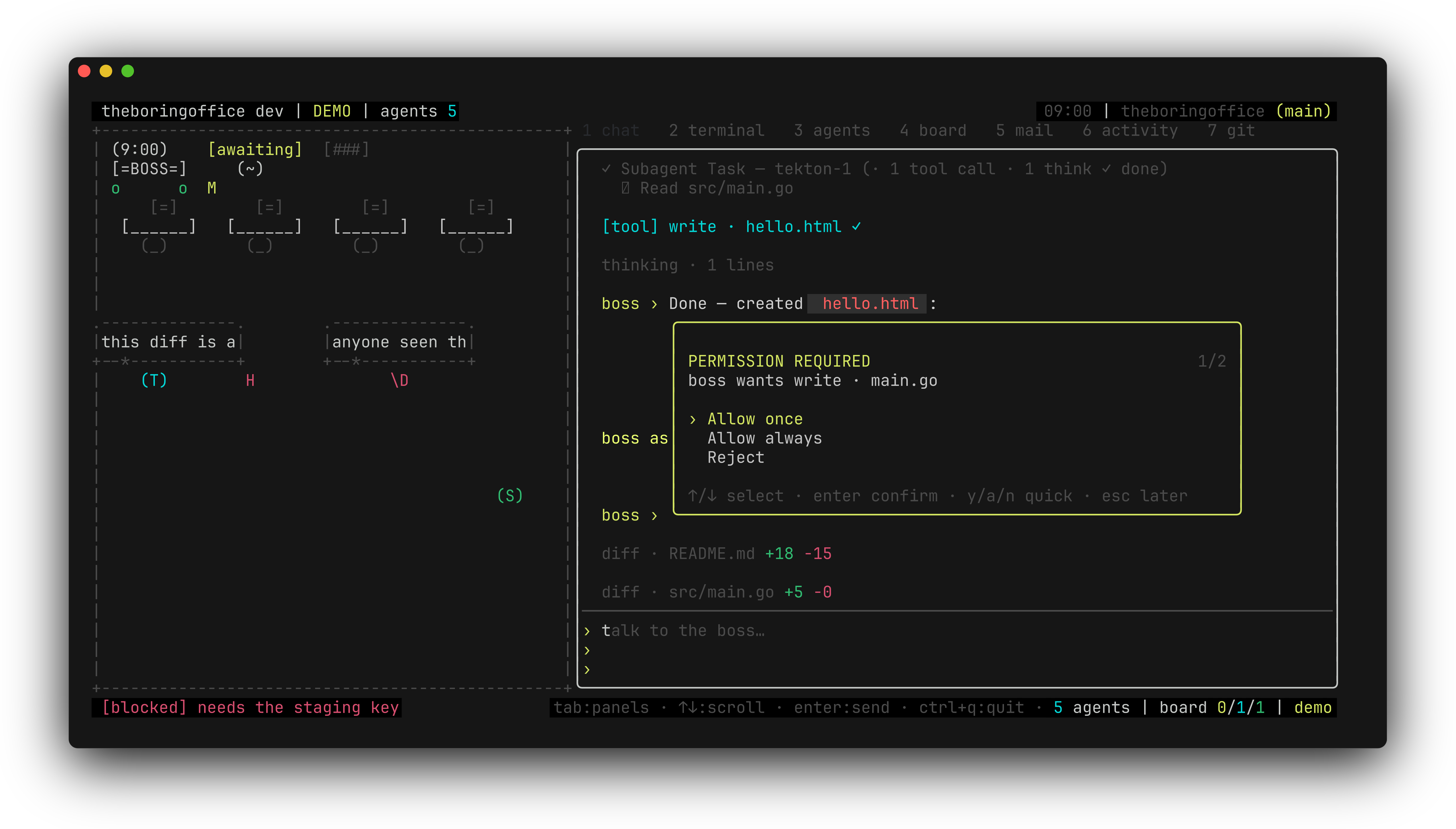 theboringfloor permission queue: the front ask with a 1 of N counter and the allow once / always / reject menu open