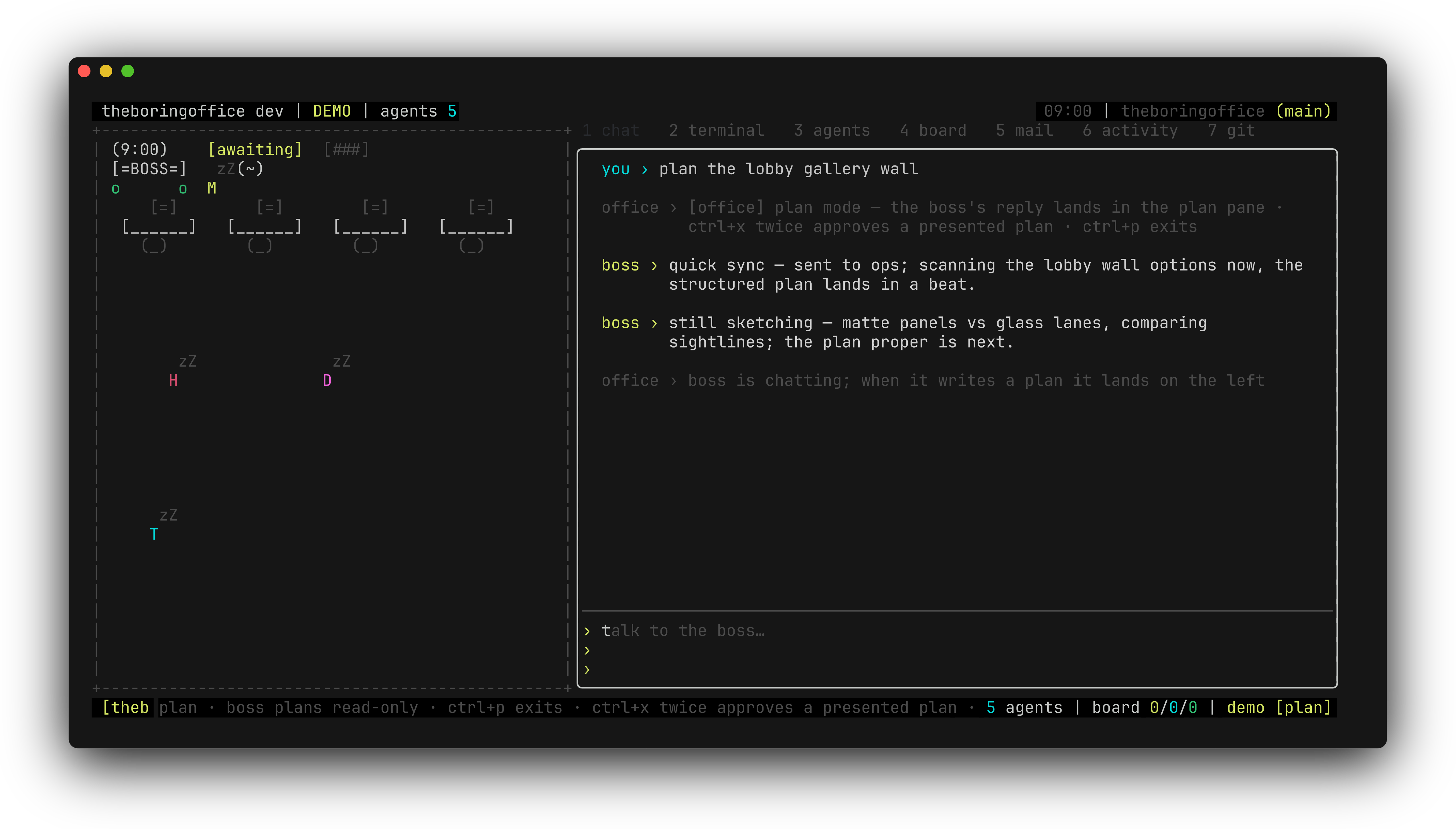 theboringfloor plan mode with a non-plan-shaped boss reply: the chatter stays in chat and the plan pane keeps its last plan with a dim note