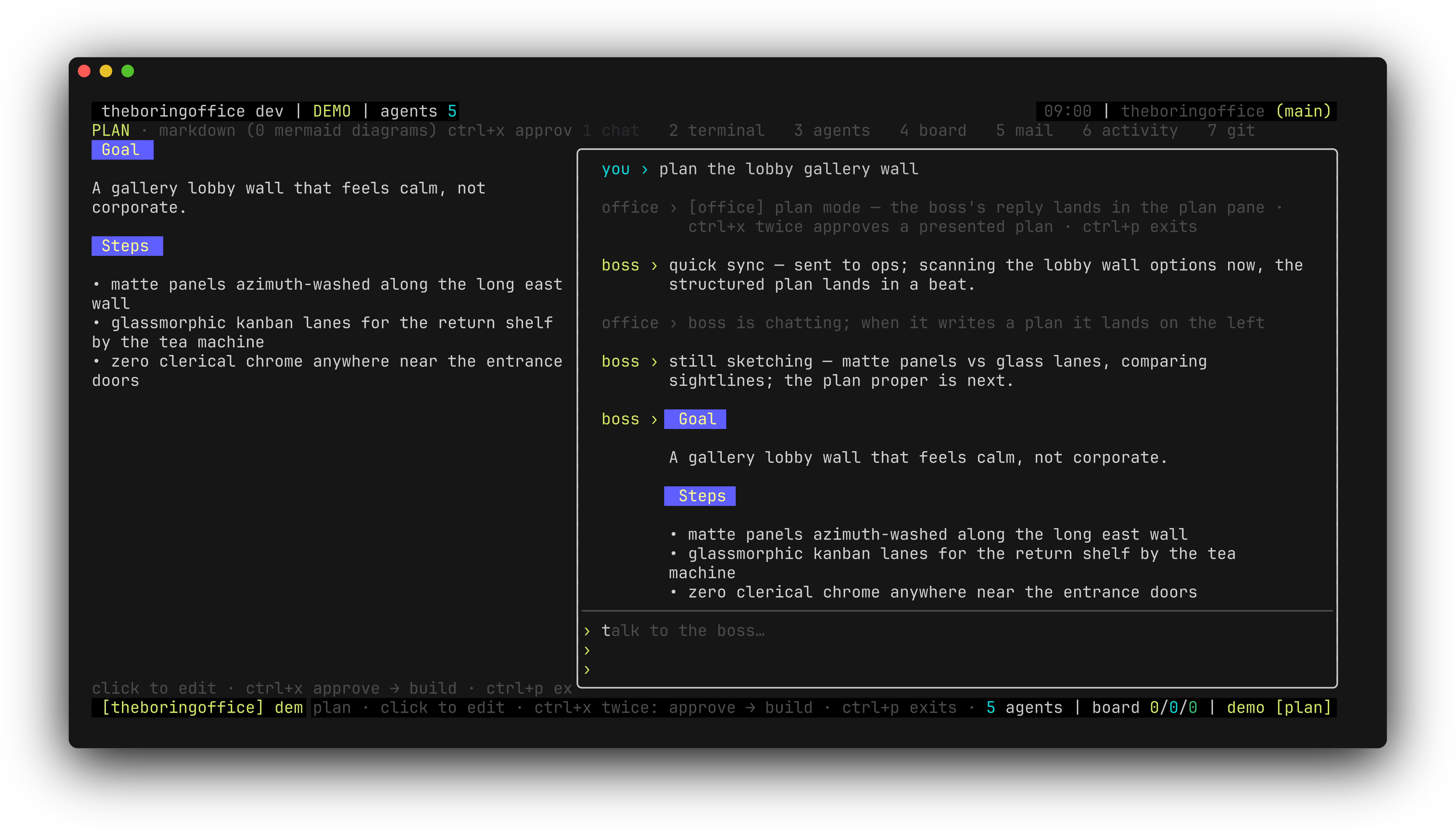 theboringfloor plan mode with a presented plan: markdown plan in the floor-slot pane, a rendered mermaid diagram, and the click-to-edit hint