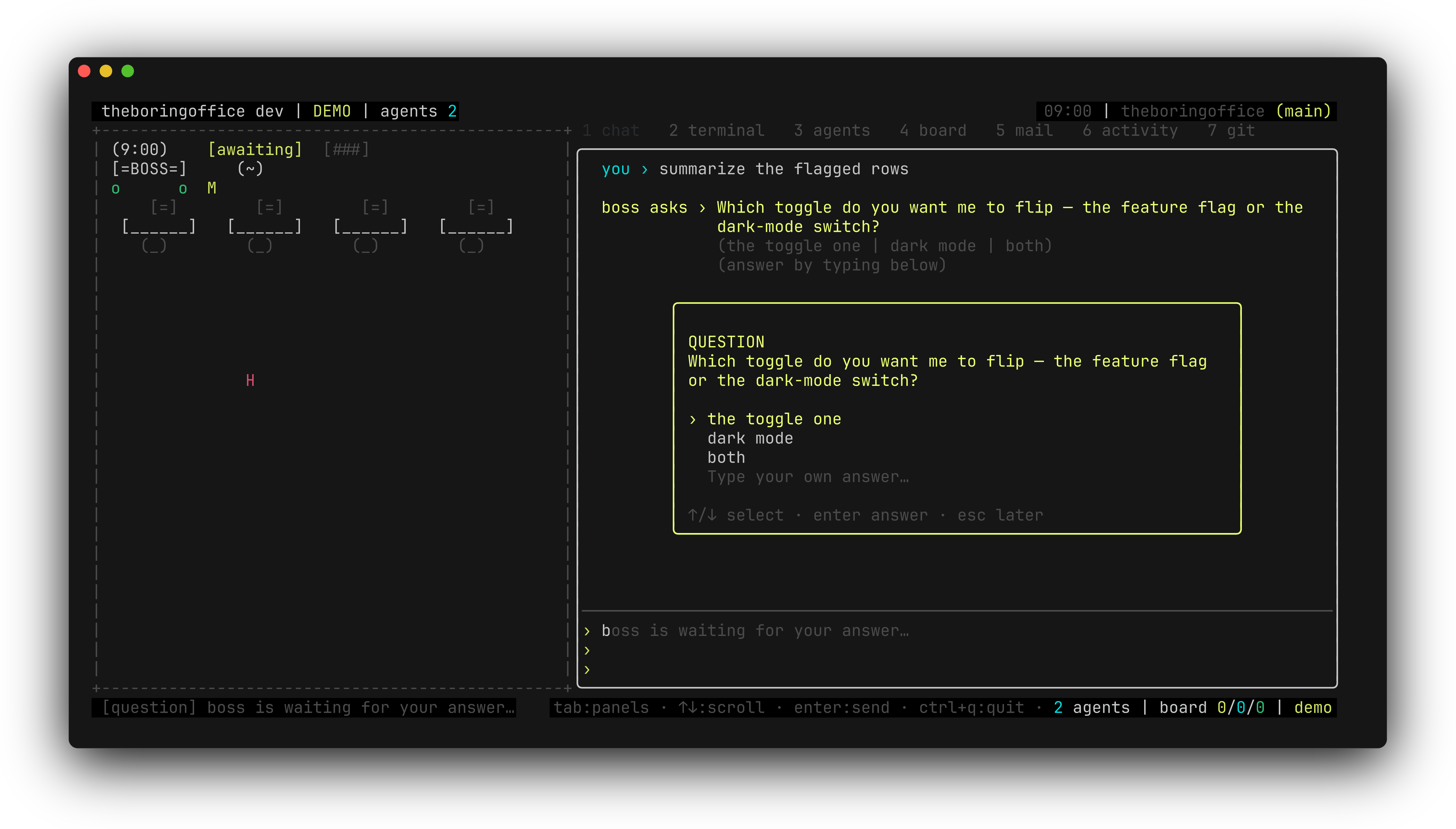 theboringfloor question wizard: a boss question open as a popover page with classified answer options