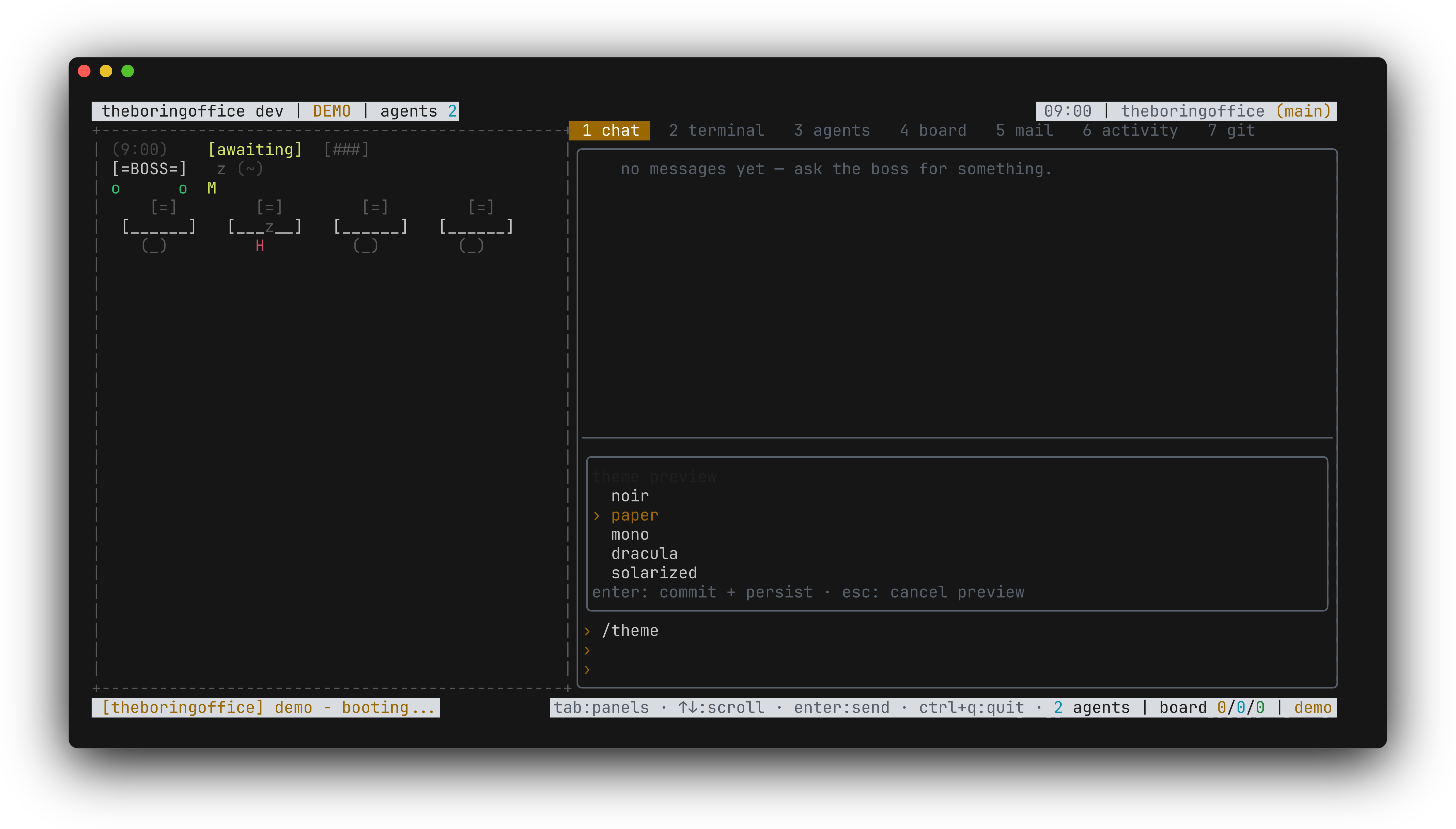 theboringfloor slash command popover: typing /th filters the command list to theme and thinking commands