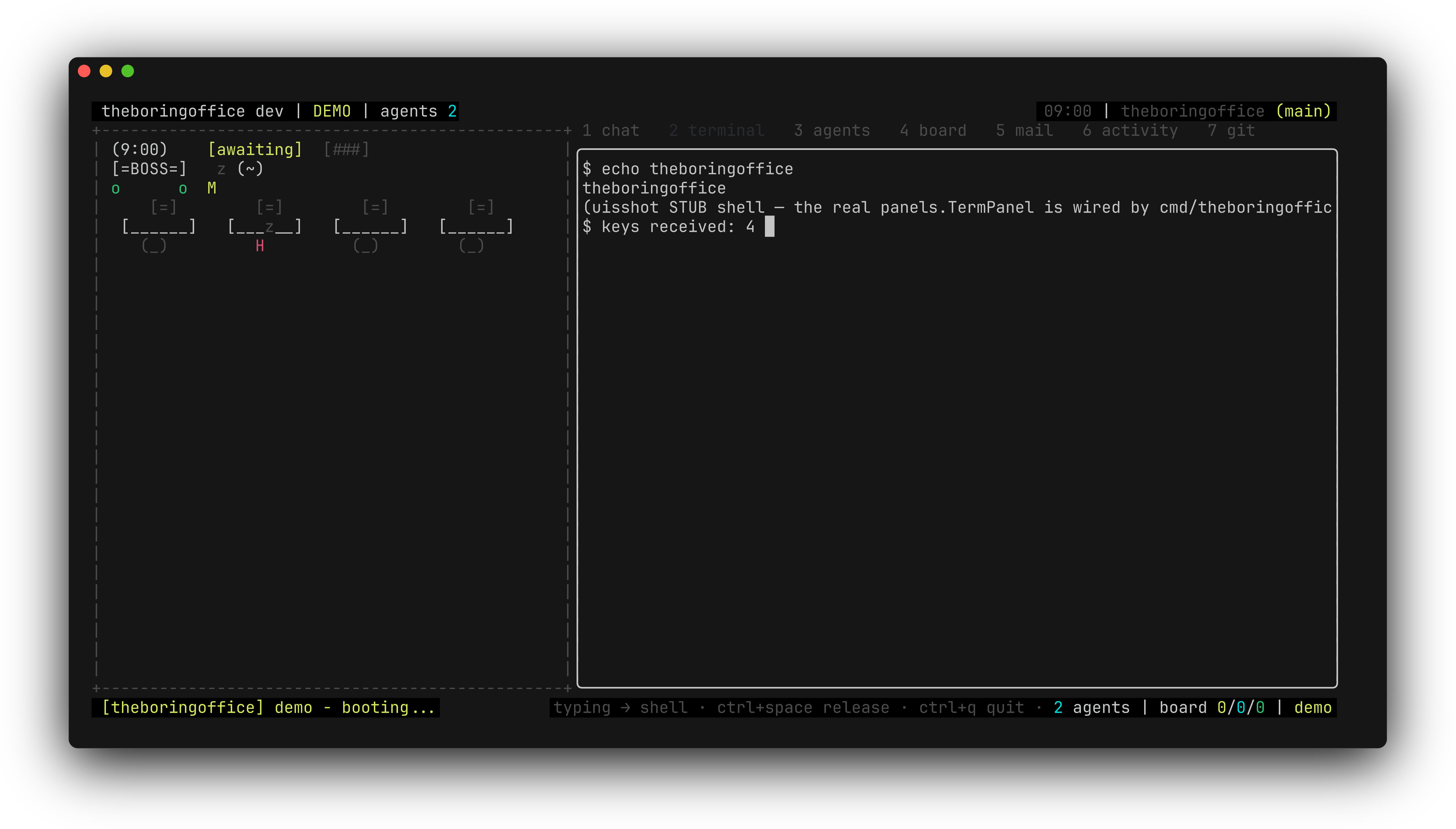 theboringfloor terminal tab: a live PTY running a shell in the sidebar
