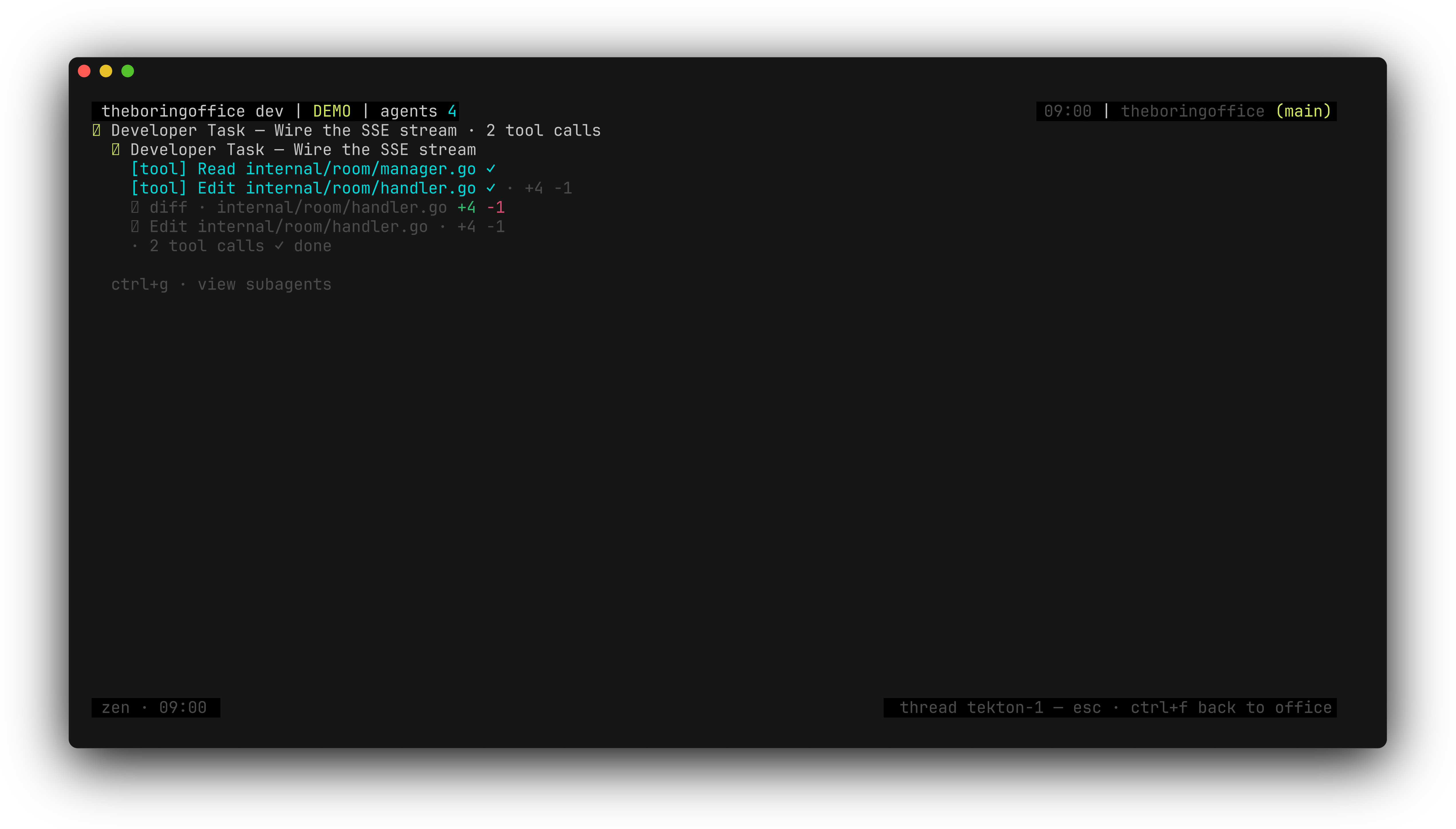 theboringfloor thread focus: one worker's full transcript fullscreen — tool calls, thinking bodies, and clickable per-call diffs