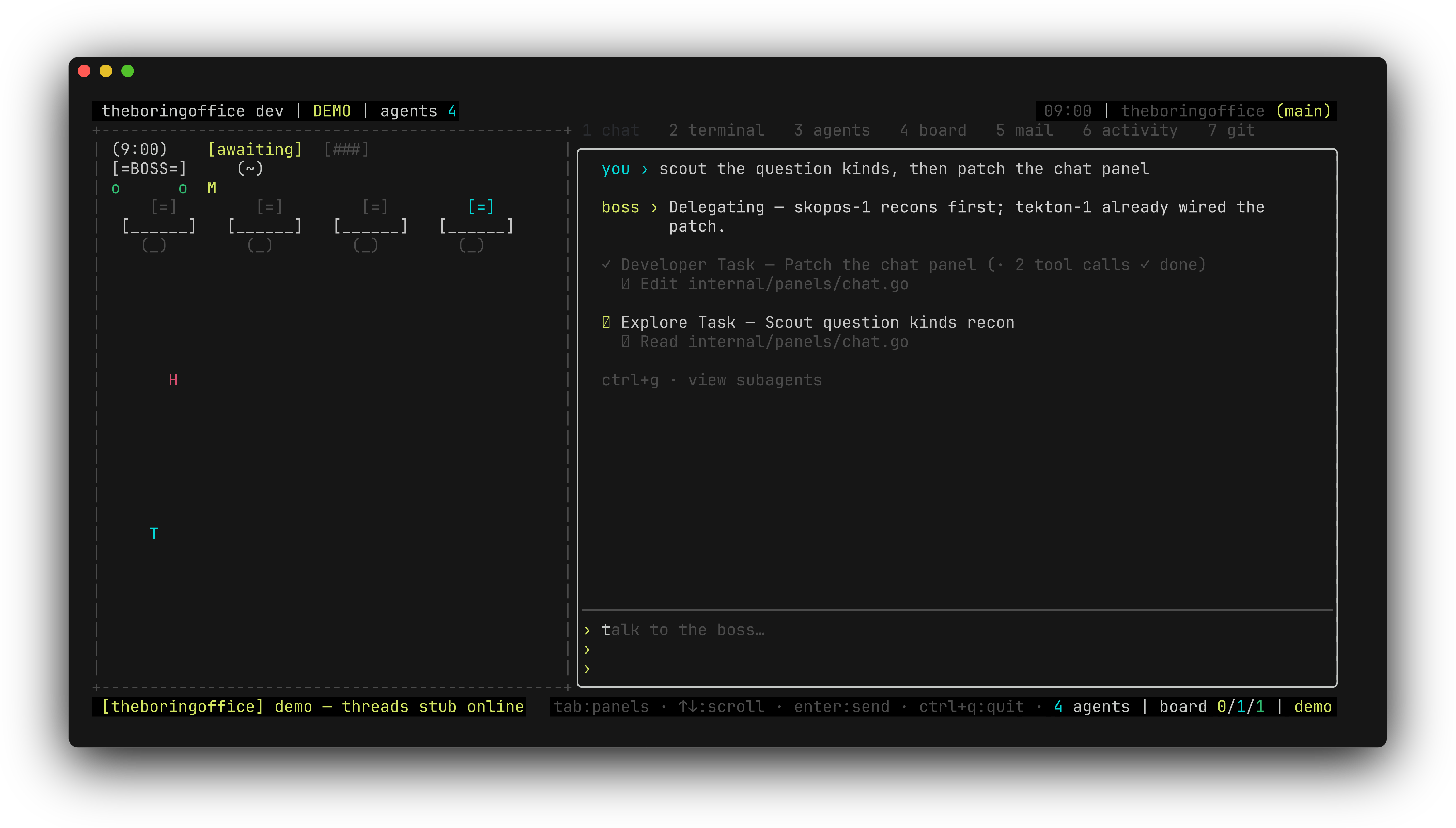 theboringfloor chat with collapsed sub-agent work threads: braille spinner, tool-call count, a ↳ sneak row, and a per-call inline diff