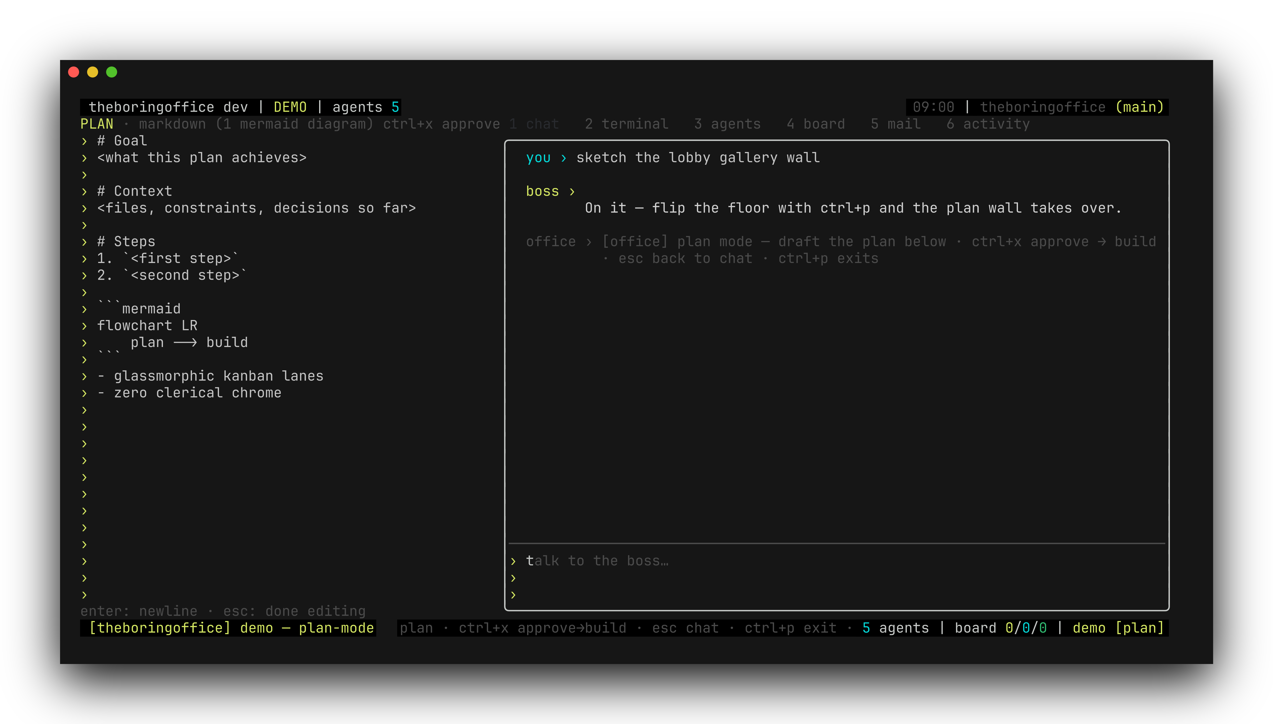 theboringfloor plan mode: markdown plan editor with mermaid diagram, plan board